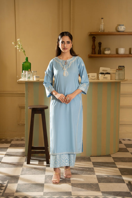 Daniya sky blue lawn suit shirt and trouser - Mizaaz Pakistan