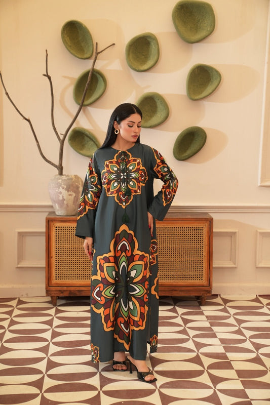 Khanum — Olive Crepe Grip Mandala Kaftan - Mizaaz