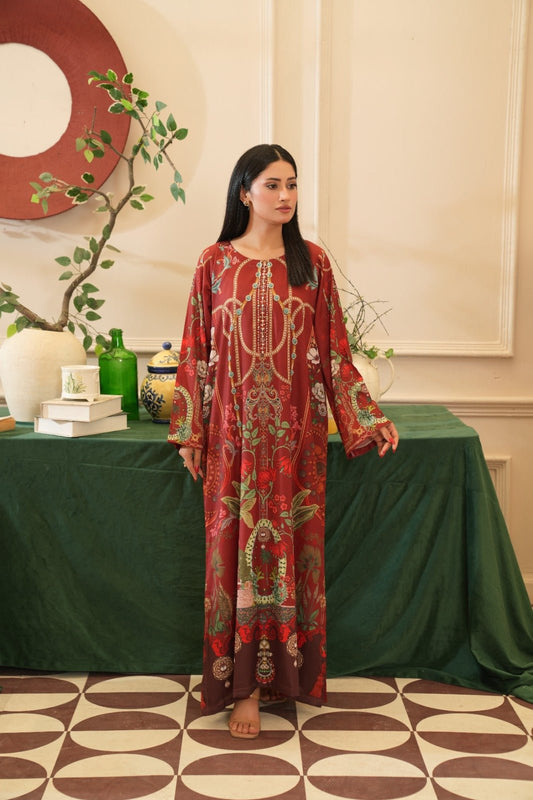 Mehrish — Maroon Digital Print Crepe Grip Kaftan - Mizaaz