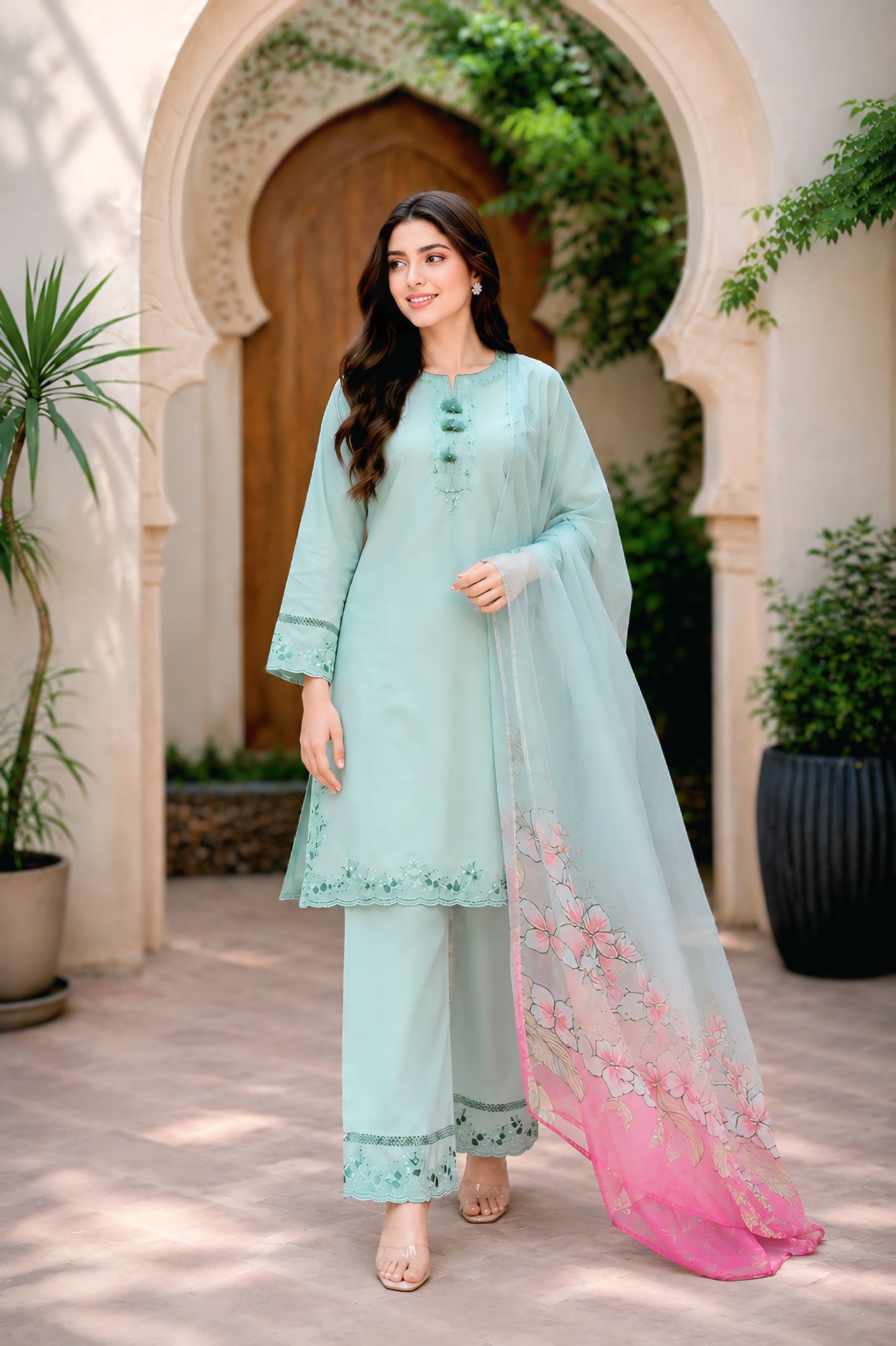 Saman embroidered cotton lawn 3 piece stitched suit - Mizaaz Pakistan