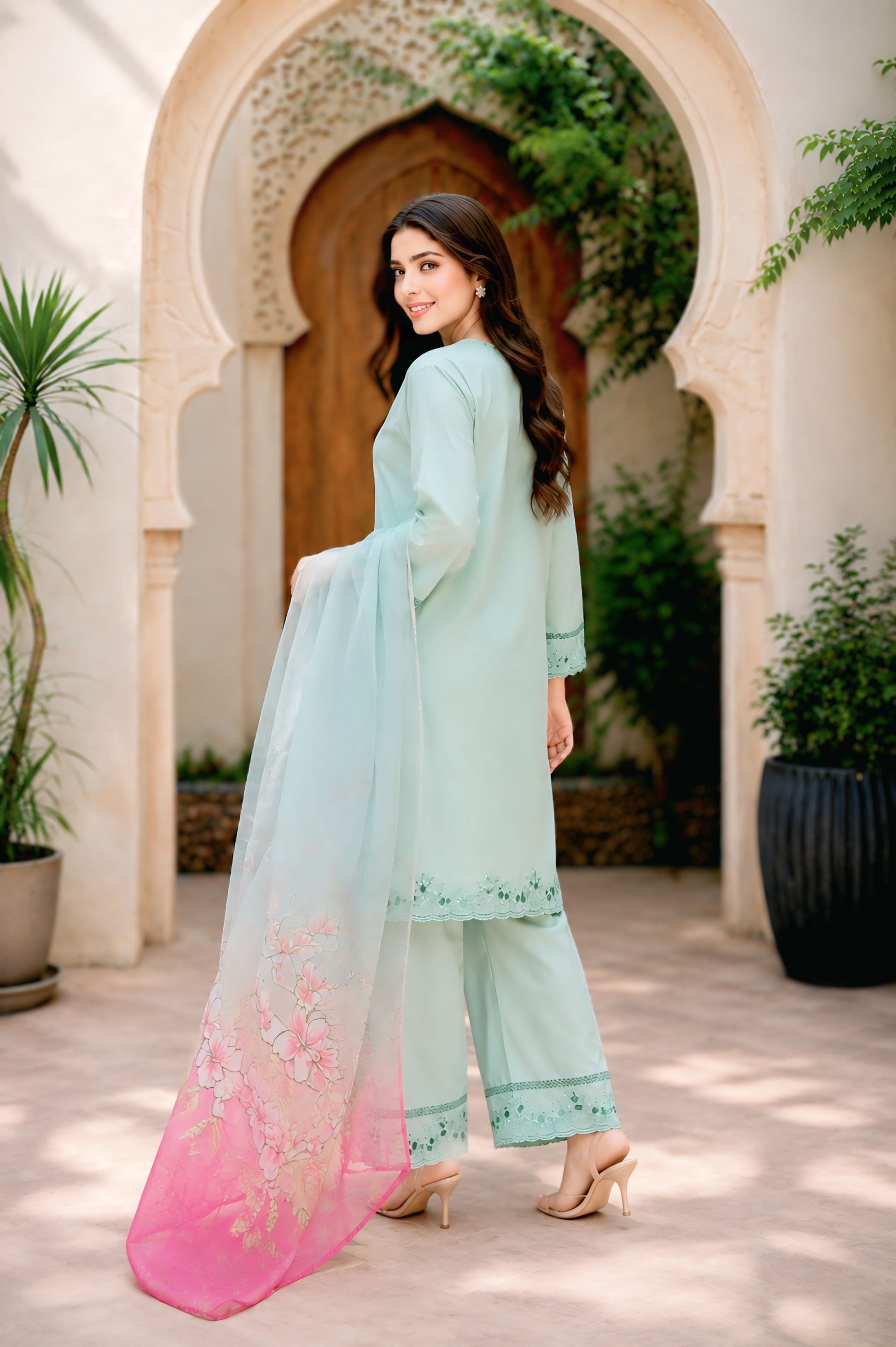 Saman embroidered lawn 3PC suit full look - Mizaaz Pakistan