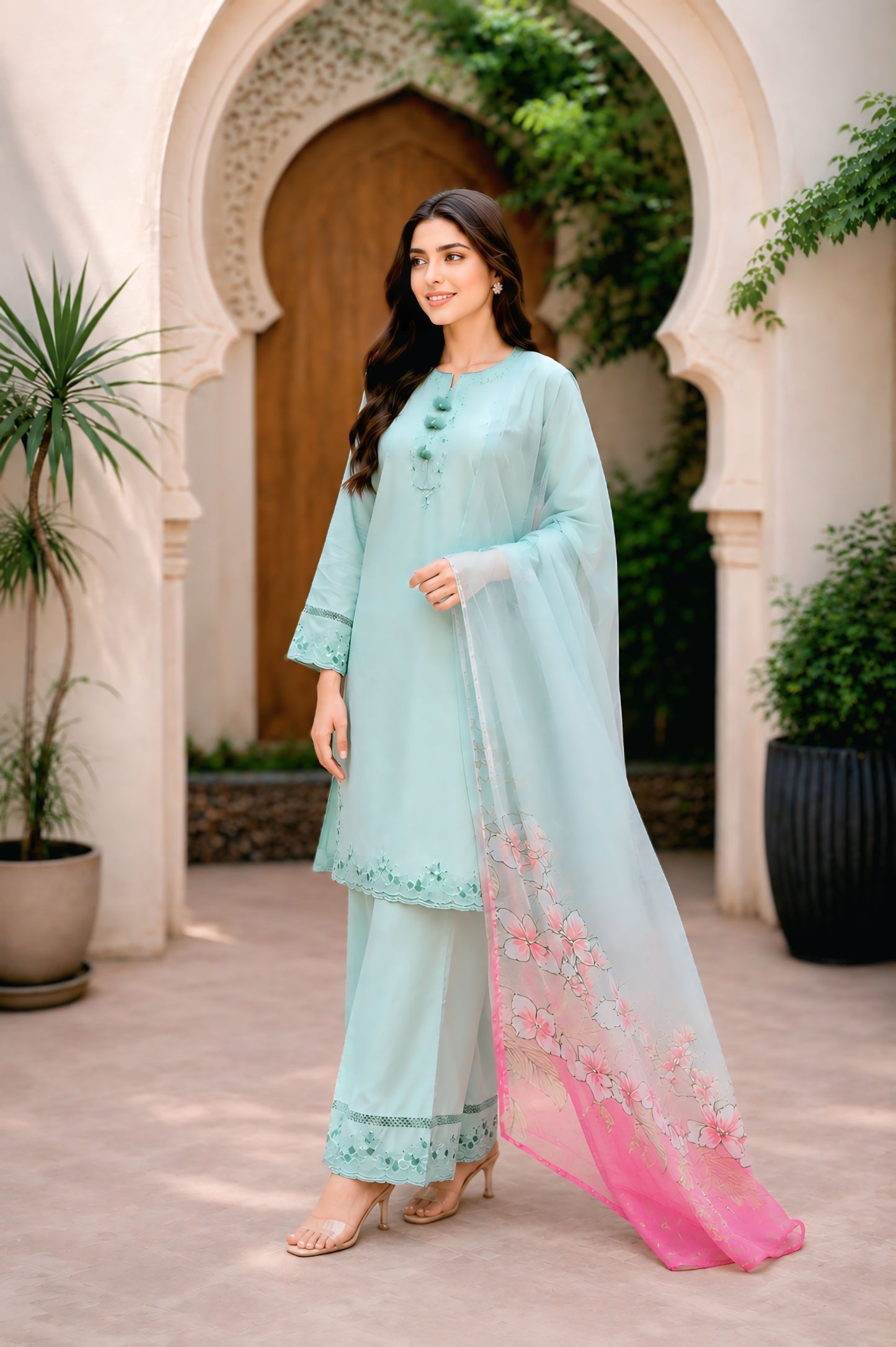 Saman lawn suit with printed chiffon dupatta - Mizaaz Pakistan