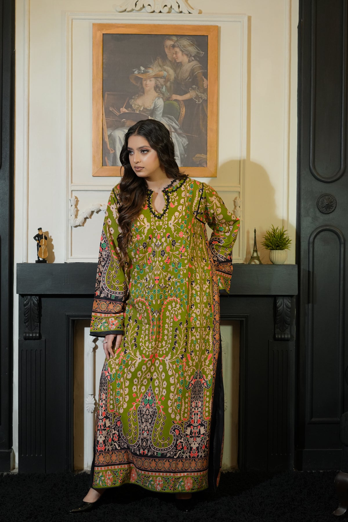 Olive Bloom stitched lawn kaftan for women - Mizaaz Pakistan
