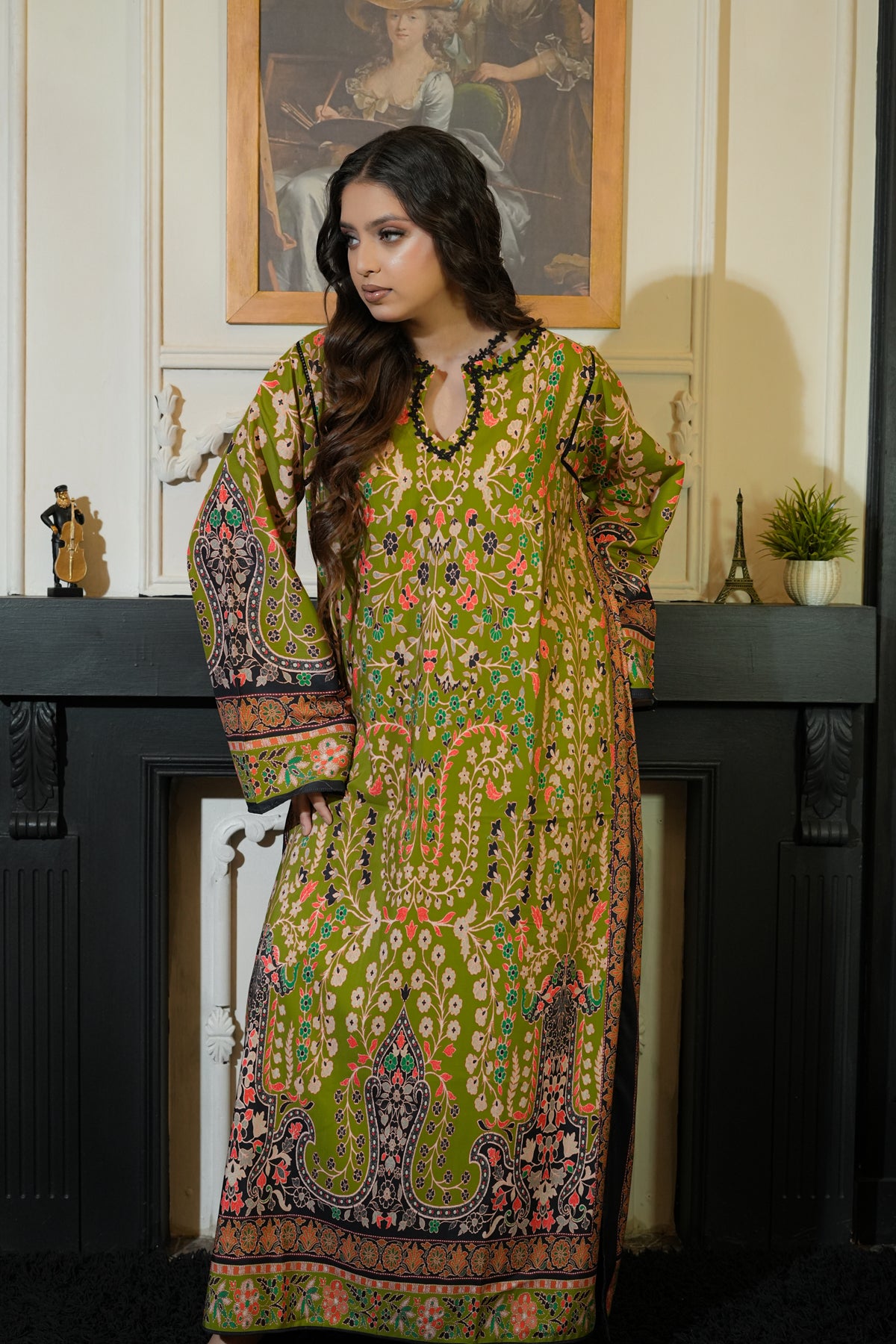 Olive Bloom breathable lawn kaftan summer wear - Mizaaz