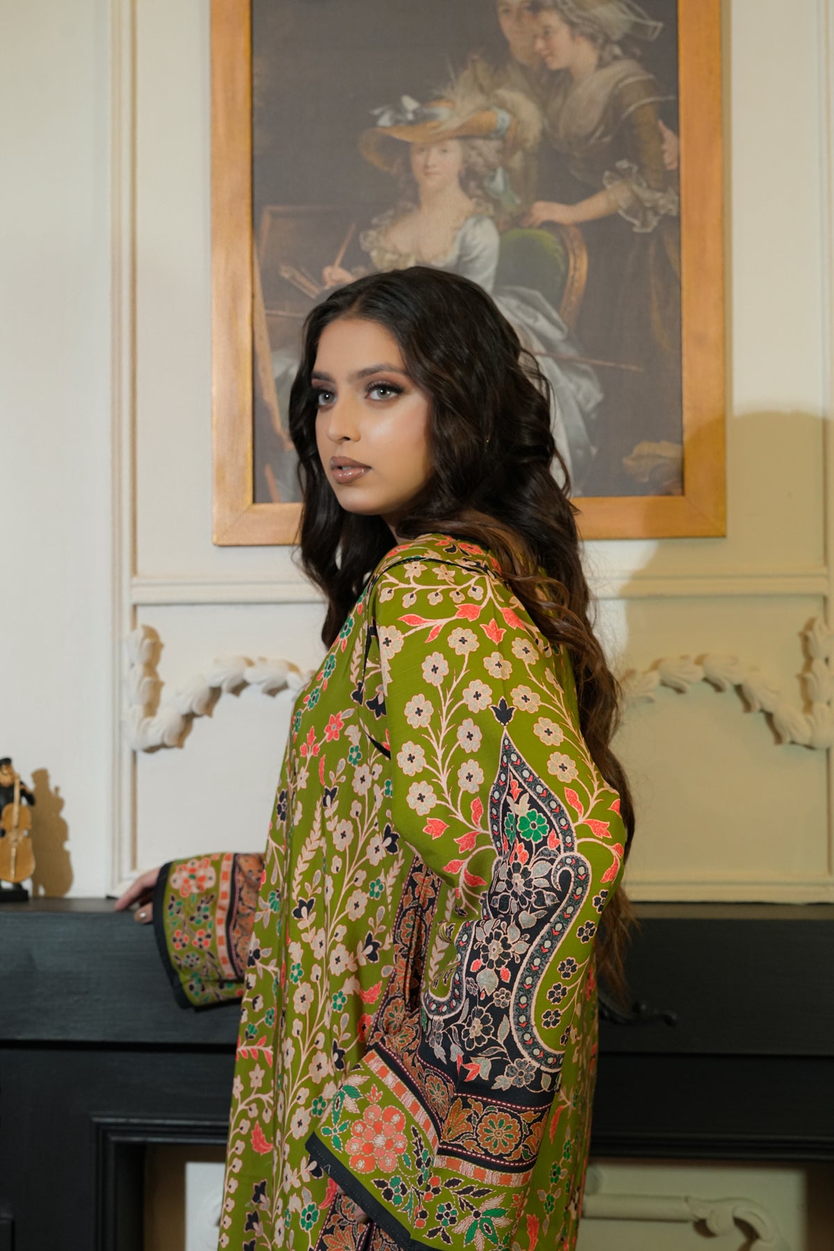 Olive Bloom lawn kaftan back view - Mizaaz Pakistan