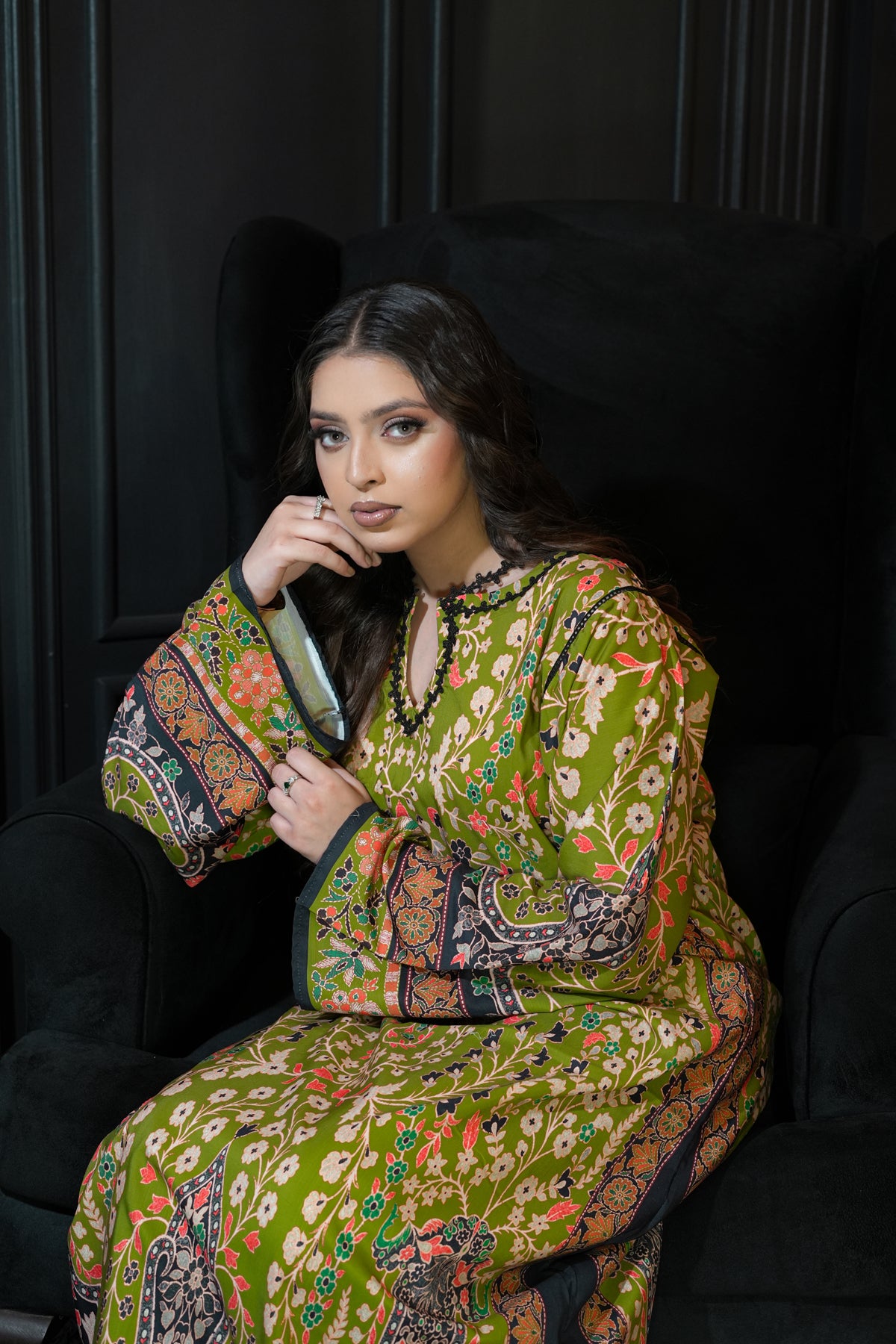 Olive Bloom stitched kaftan shirt Pakistan - Mizaaz