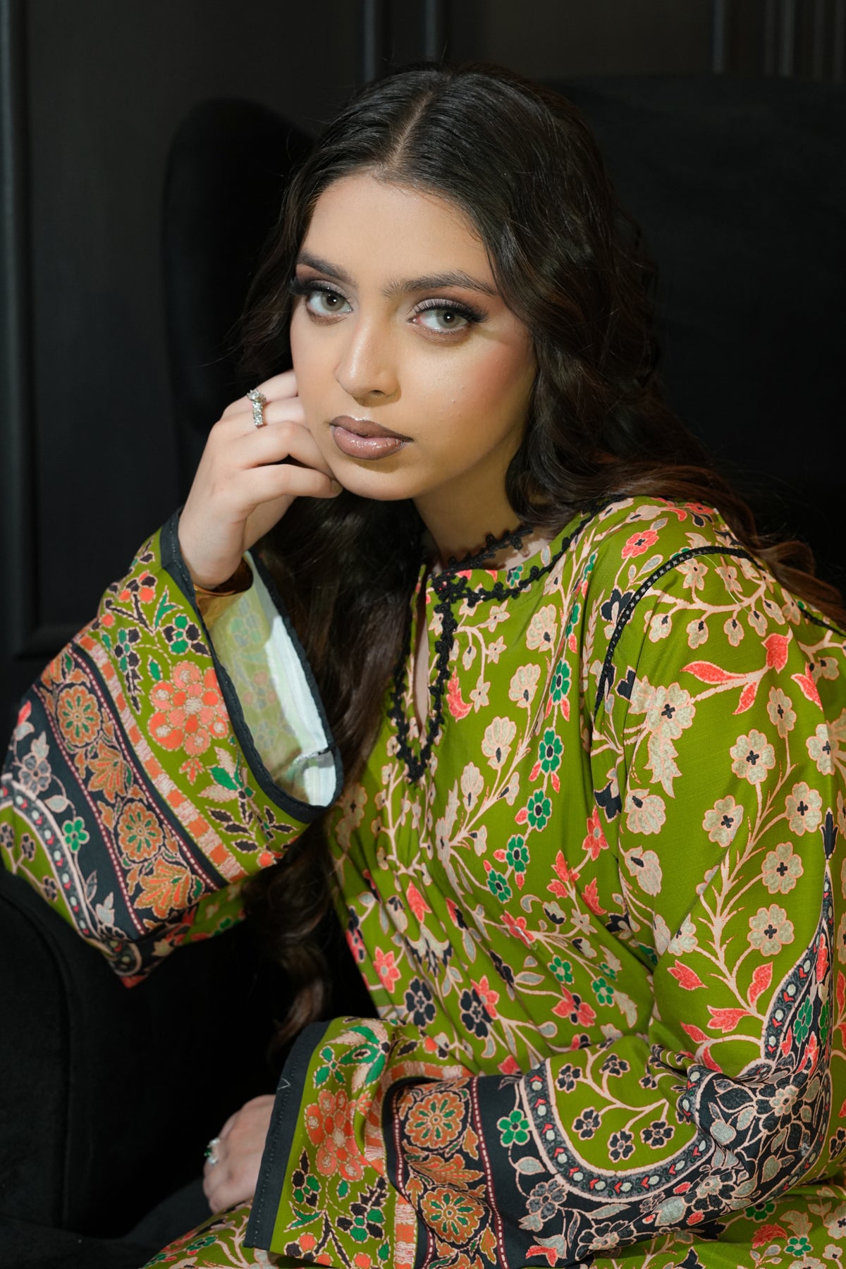 Olive Bloom lawn kaftan full look - Mizaaz Pakistan