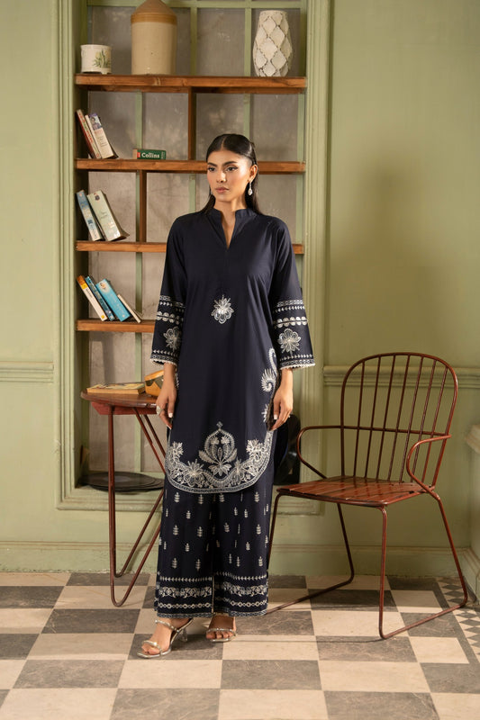 Kiran navy blue embroidered cotton lawn 2 piece stitched suit - Mizaaz Pakistan