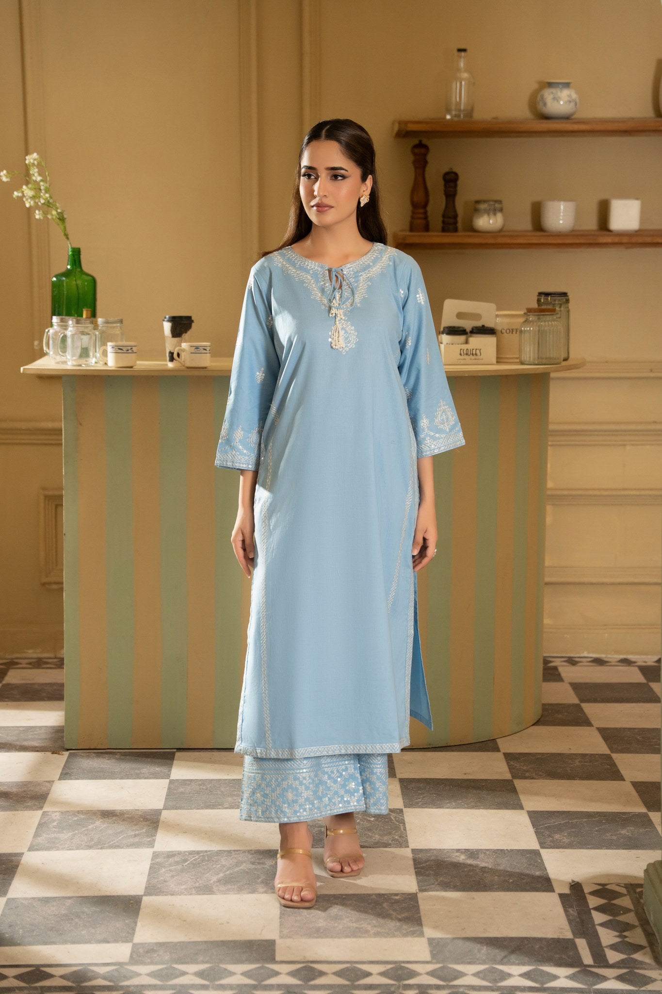 Daniya sky blue embroidered cotton lawn 2 piece stitched suit - Mizaaz Pakistan