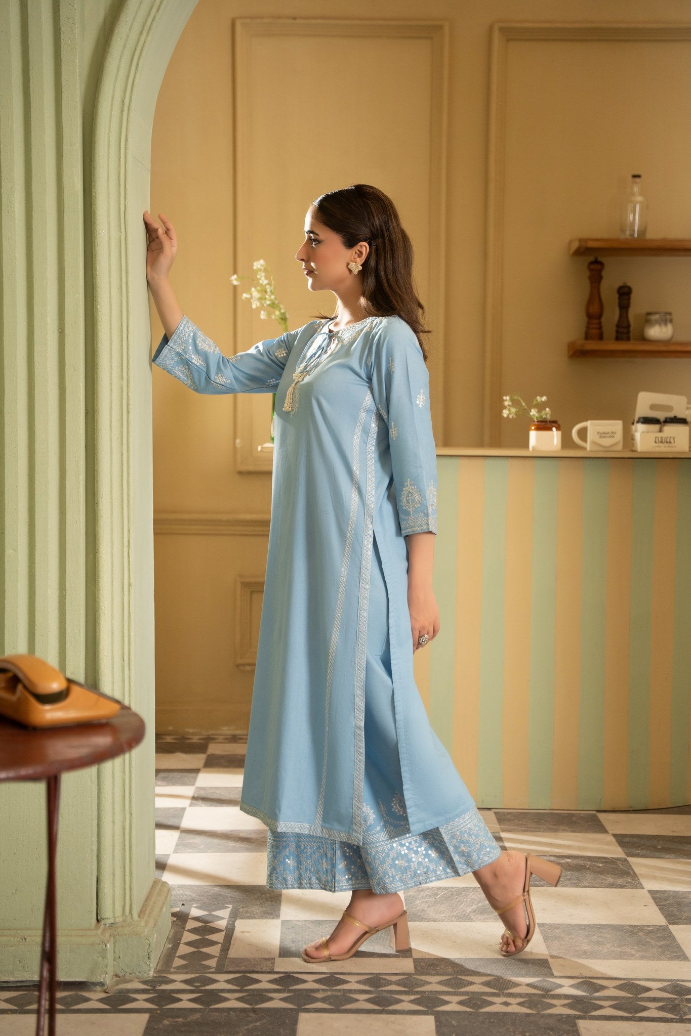 Daniya sky blue cotton lawn 2PC suit ready to wear - Mizaaz