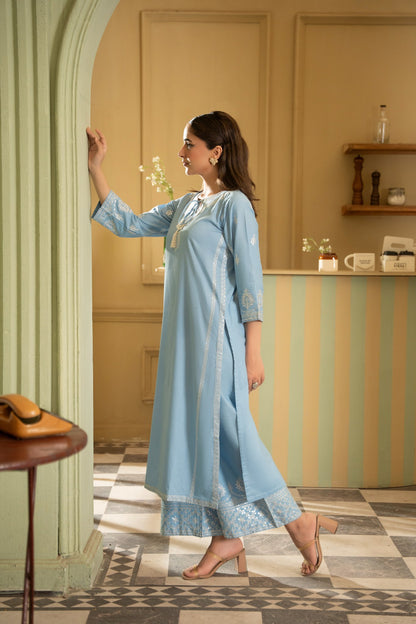 Daniya sky blue cotton lawn 2PC suit ready to wear - Mizaaz