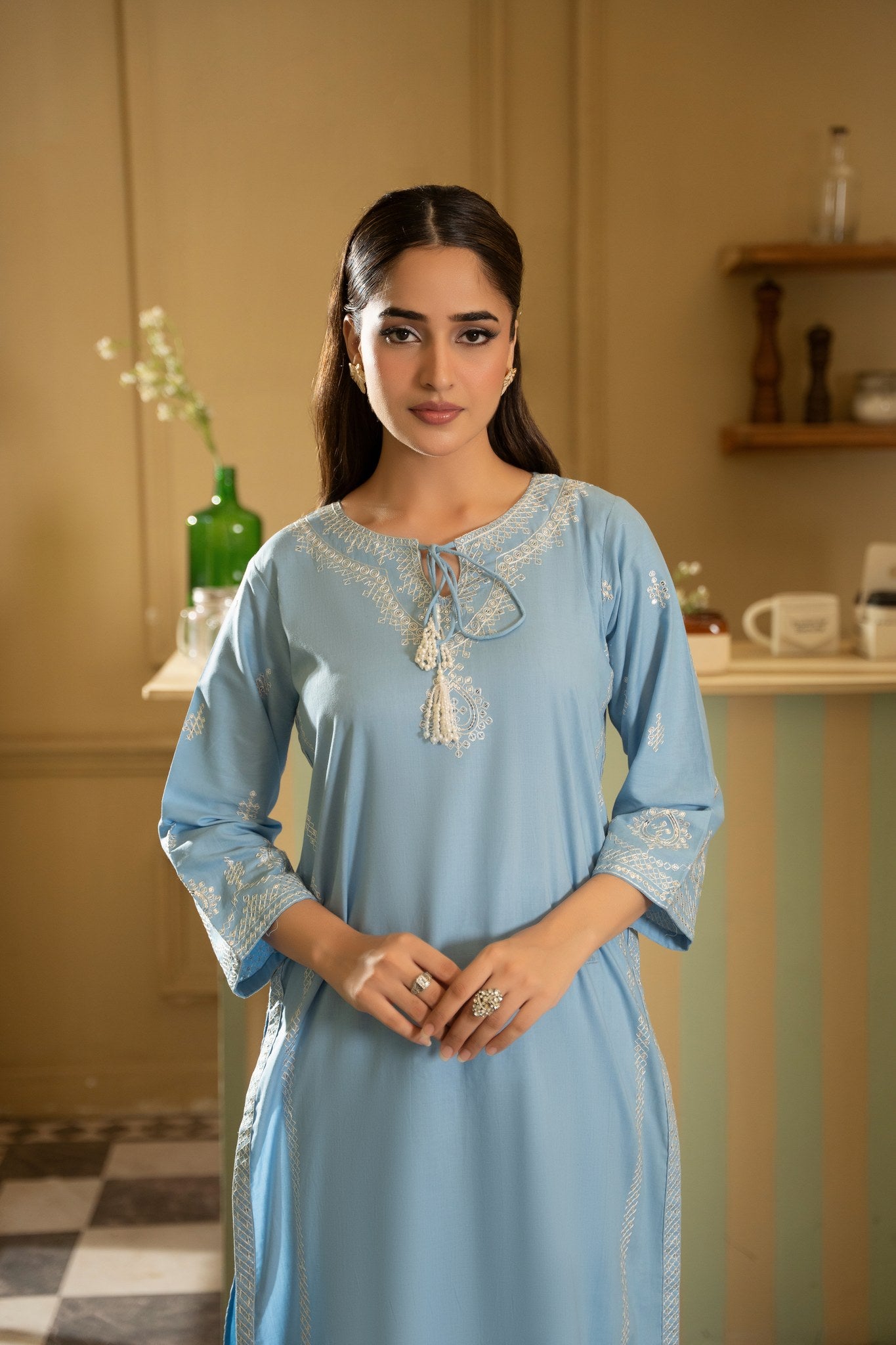 Daniya sky blue embroidered lawn suit summer wear Pakistan - Mizaaz
