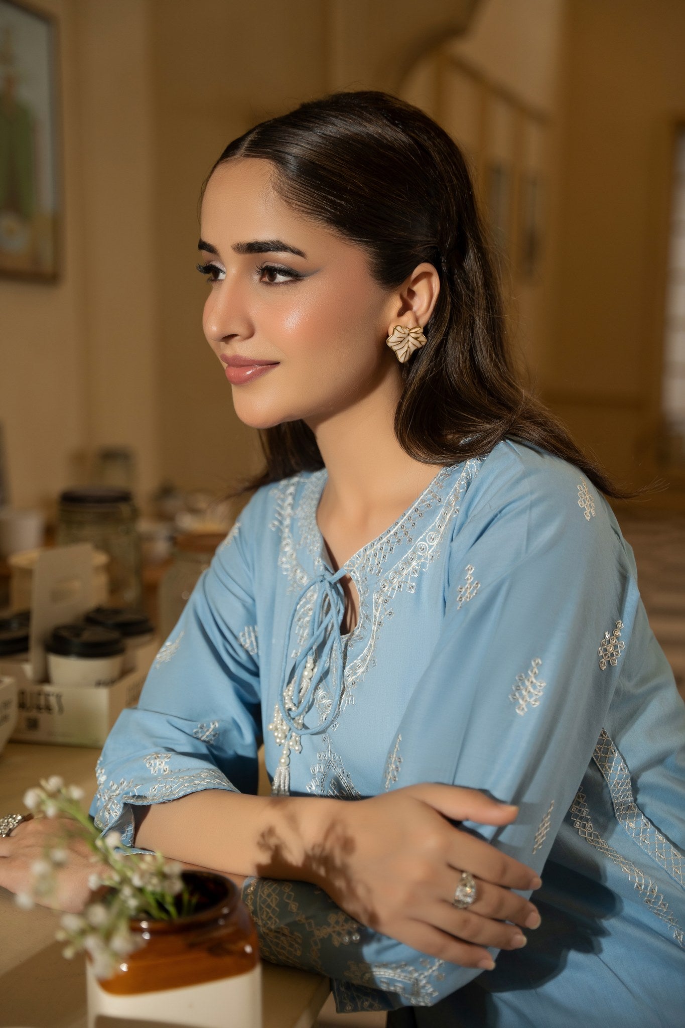 Daniya sky blue stitched lawn suit Pakistan - Mizaaz