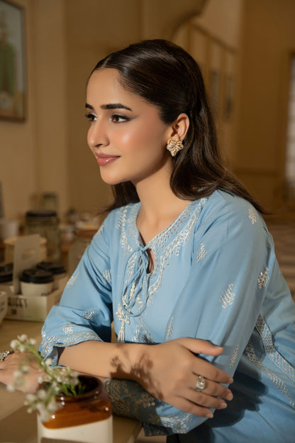 Daniya sky blue stitched lawn suit Pakistan - Mizaaz
