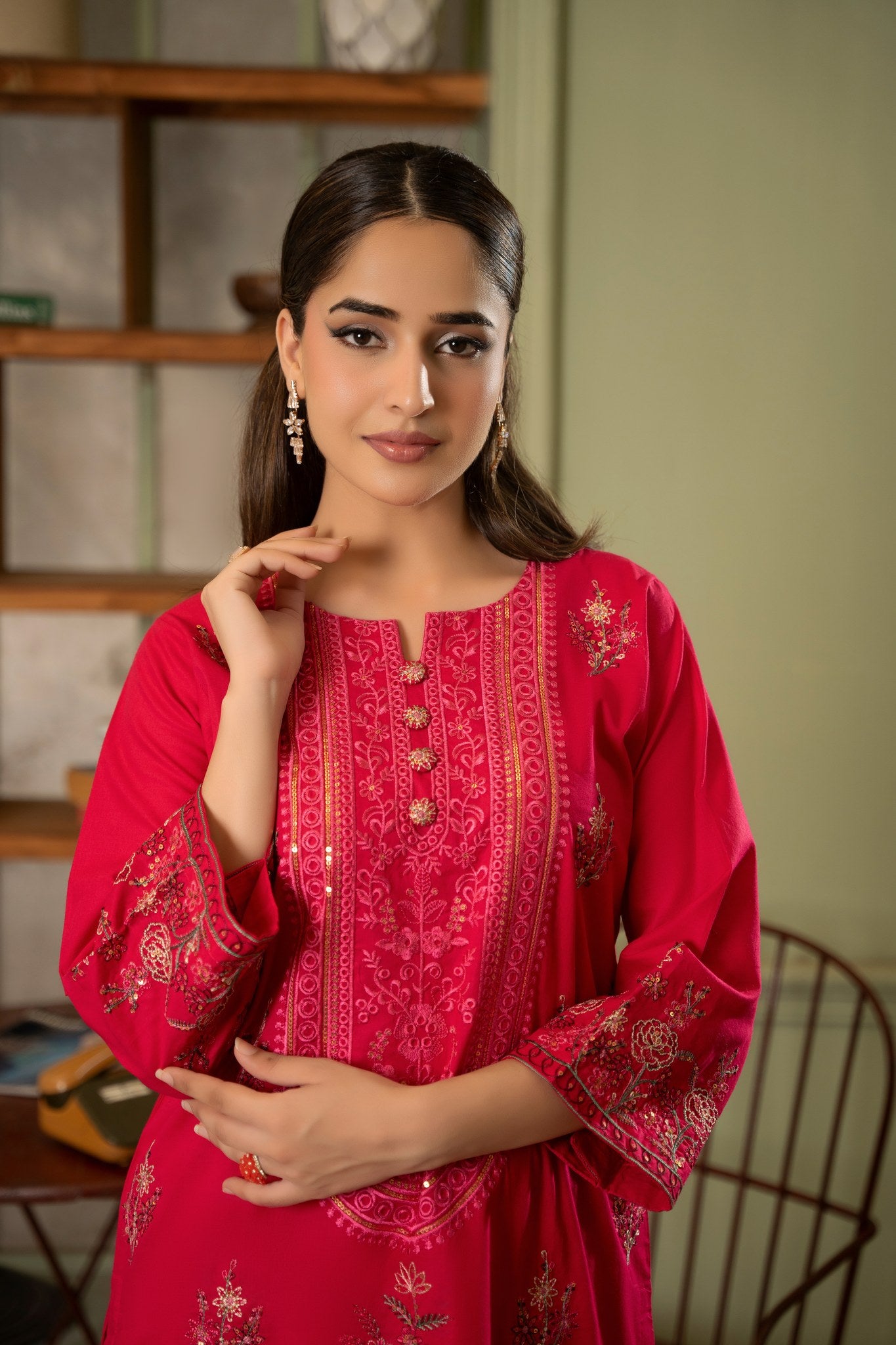 Gulrukh pink embroidered lawn suit summer wear Pakistan - Mizaaz