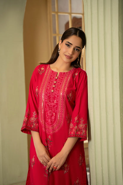 Gulrukh pink embroidered lawn suit back view - Mizaaz Pakistan