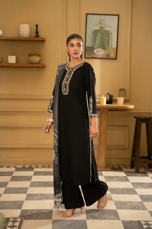 Zeenat black lawn suit with dupatta - Mizaaz Pakistan