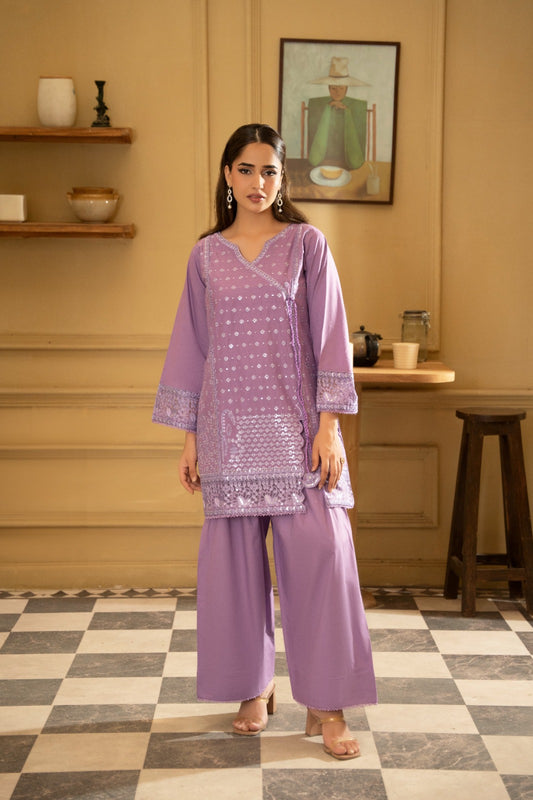 Bano lilac angrakha style cotton lawn 2 piece stitched suit - Mizaaz Pakistan