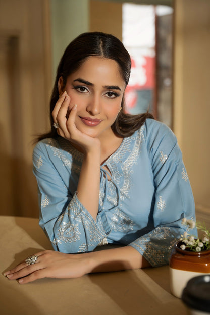 DANIYA – Sky Blue Embroidered Lawn 2PC Suit - Mizaaz