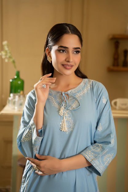 DANIYA – Sky Blue Embroidered Lawn 2PC Suit - Mizaaz