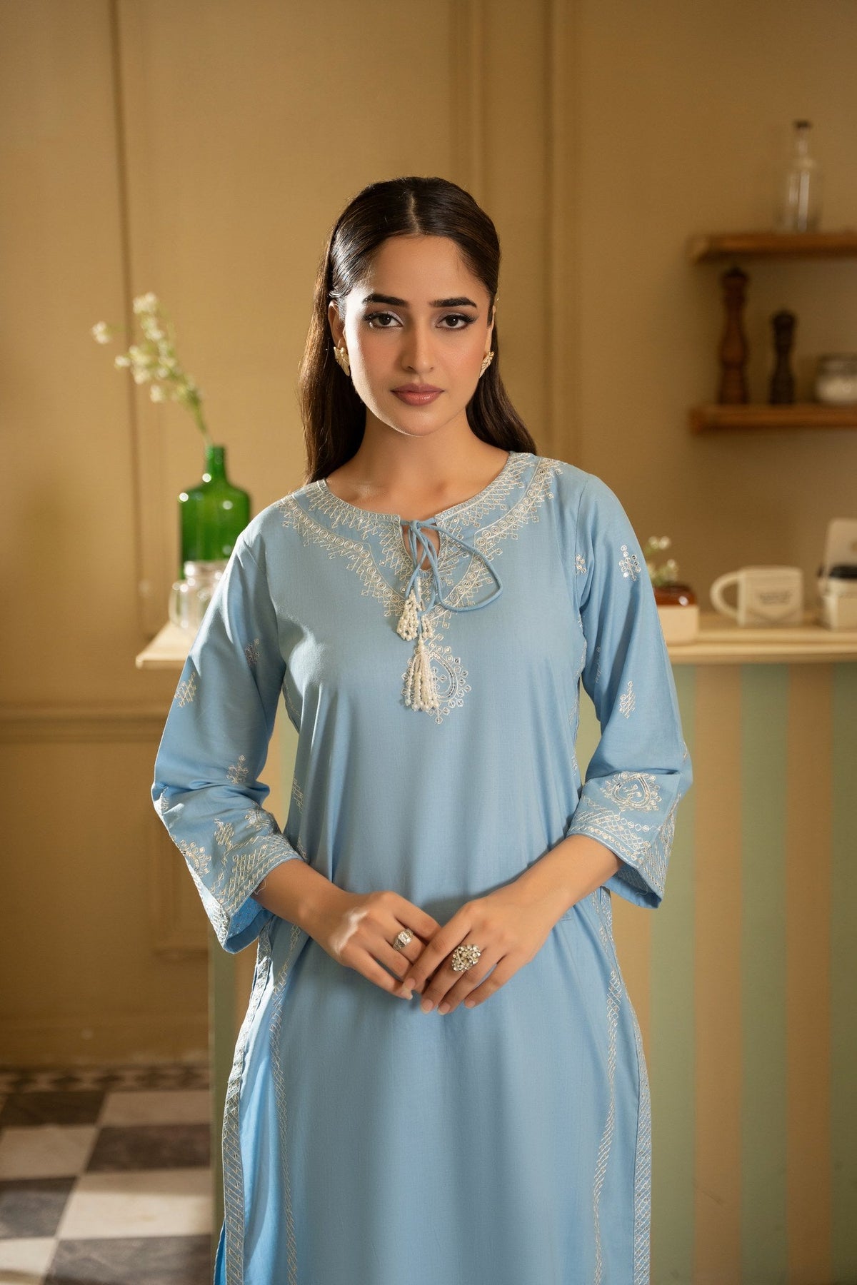 DANIYA – Sky Blue Embroidered Lawn 2PC Suit - Mizaaz