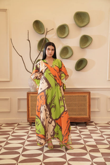 Farah — Lime Abstract Print Crepe Grip Kaftan - Mizaaz