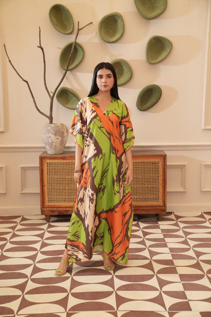 Farah — Lime Abstract Print Crepe Grip Kaftan - Mizaaz