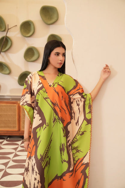 Farah — Lime Abstract Print Crepe Grip Kaftan - Mizaaz