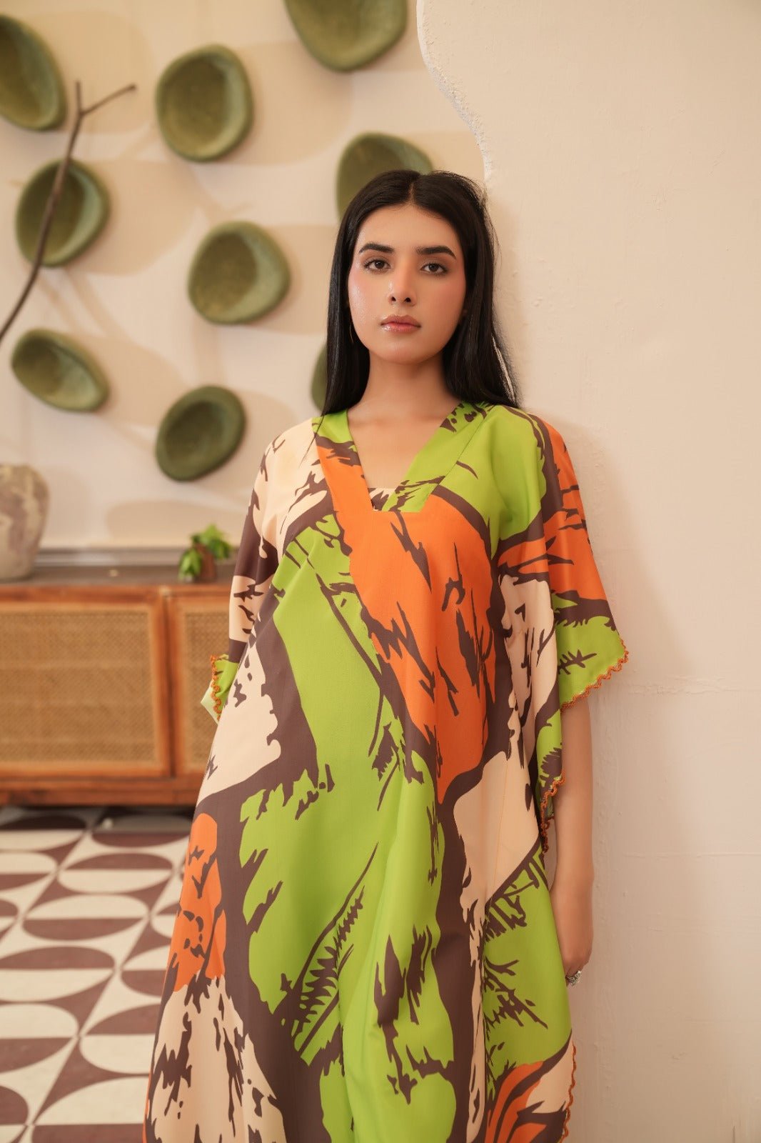 Farah — Lime Abstract Print Crepe Grip Kaftan - Mizaaz