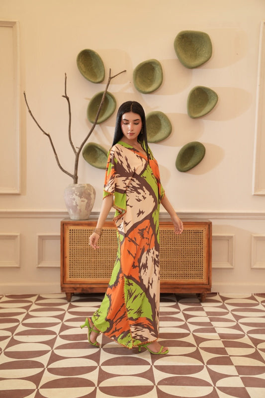 Farah — Lime Abstract Print Crepe Grip Kaftan - Mizaaz