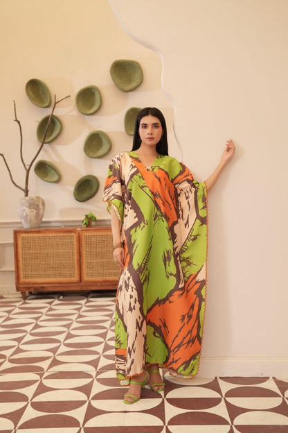Farah — Lime Abstract Print Crepe Grip Kaftan - Mizaaz