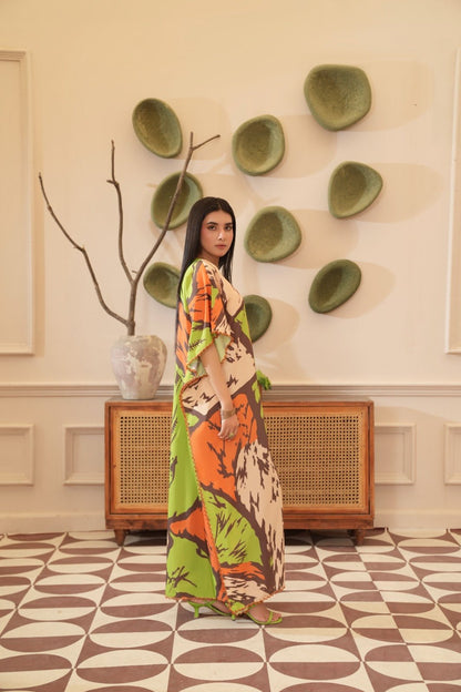 Farah — Lime Abstract Print Crepe Grip Kaftan - Mizaaz