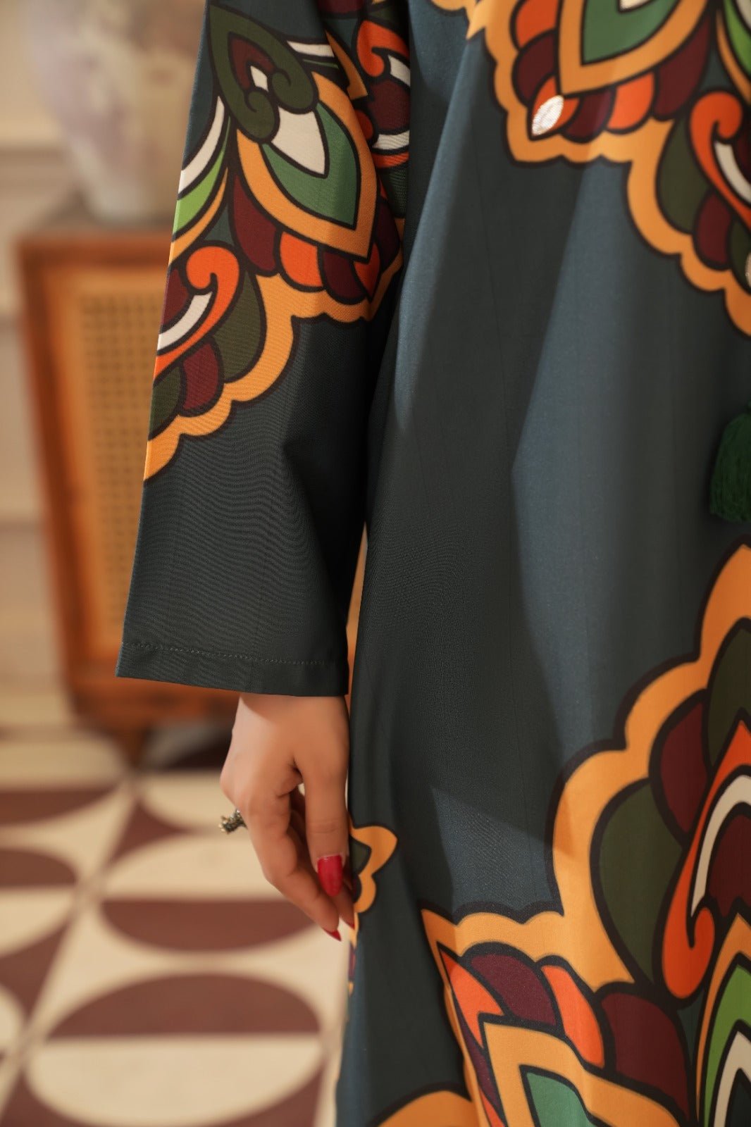Khanum — Olive Crepe Grip Mandala Kaftan - Mizaaz