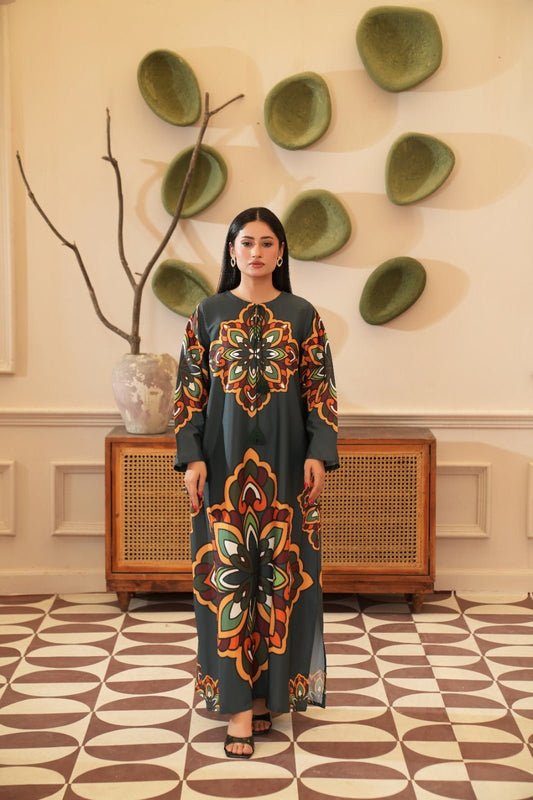 Khanum — Olive Crepe Grip Mandala Kaftan - Mizaaz