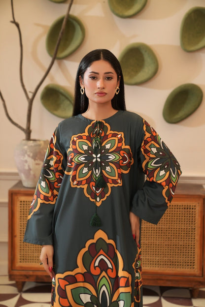 Khanum — Olive Crepe Grip Mandala Kaftan - Mizaaz