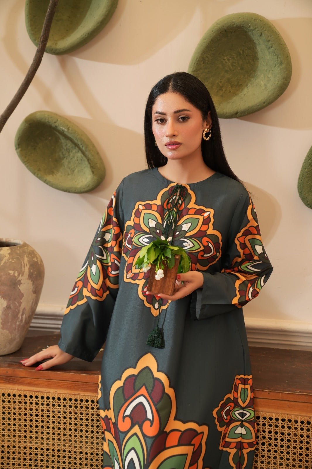 Khanum — Olive Crepe Grip Mandala Kaftan - Mizaaz