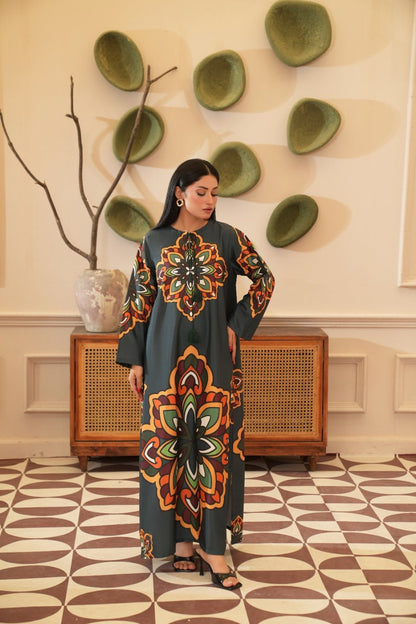 Khanum — Olive Crepe Grip Mandala Kaftan - Mizaaz
