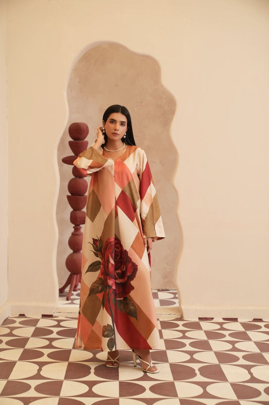 Mahrukh — Rust Harlequin Rose Print Crepe Grip Kaftan - Mizaaz