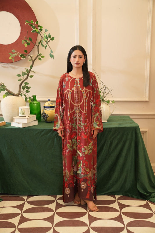 Mehrish — Maroon Digital Print Crepe Grip Kaftan - Mizaaz