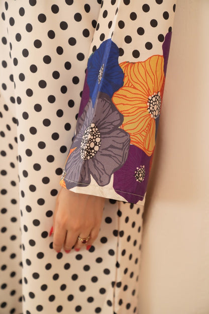Saba — Cream Polka Dot Floral Crepe Grip Kaftan - Mizaaz