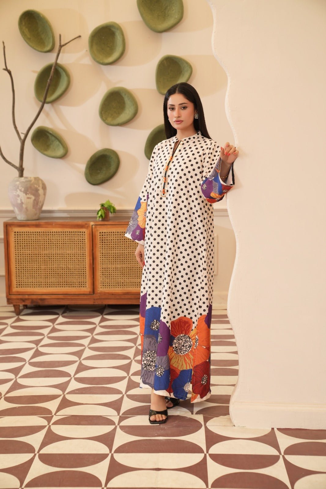 Saba — Cream Polka Dot Floral Crepe Grip Kaftan - Mizaaz