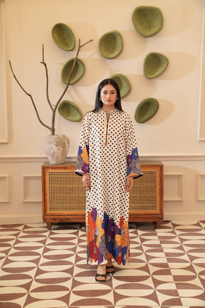 Saba — Cream Polka Dot Floral Crepe Grip Kaftan - Mizaaz
