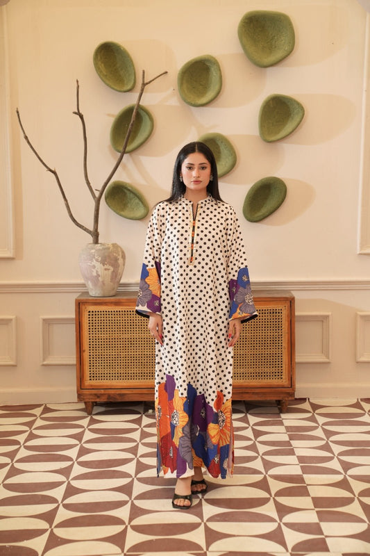 Saba — Cream Polka Dot Floral Crepe Grip Kaftan - Mizaaz