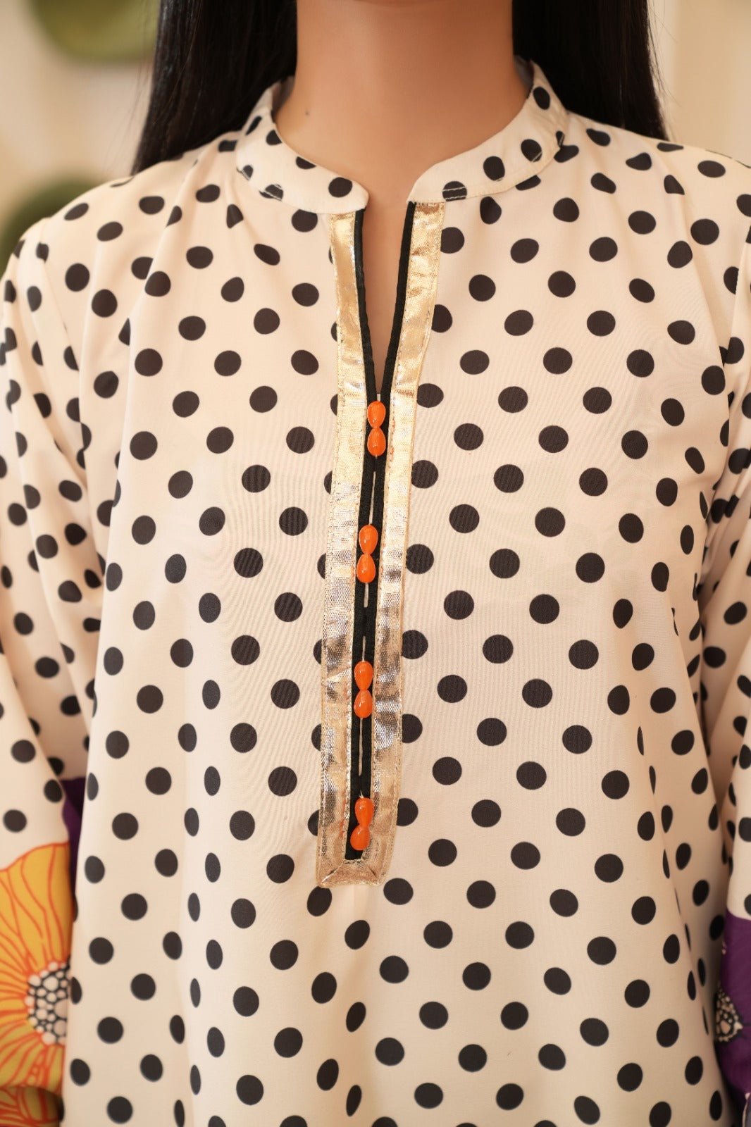 Saba — Cream Polka Dot Floral Crepe Grip Kaftan - Mizaaz
