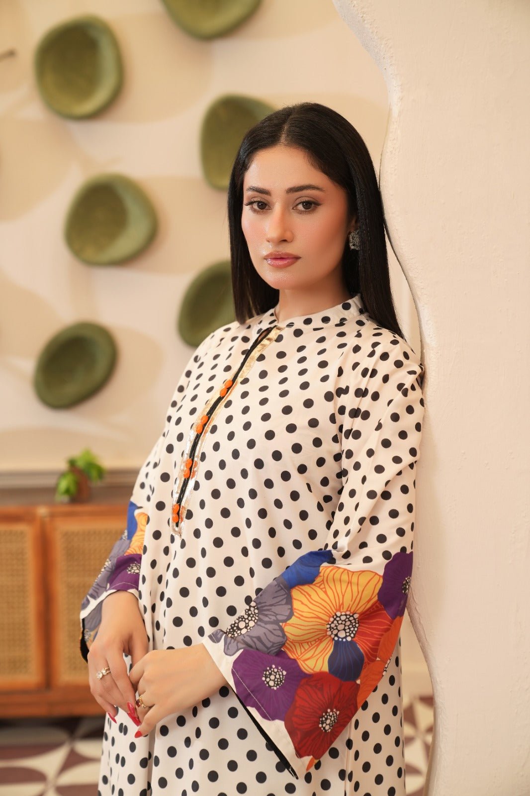 Saba — Cream Polka Dot Floral Crepe Grip Kaftan - Mizaaz