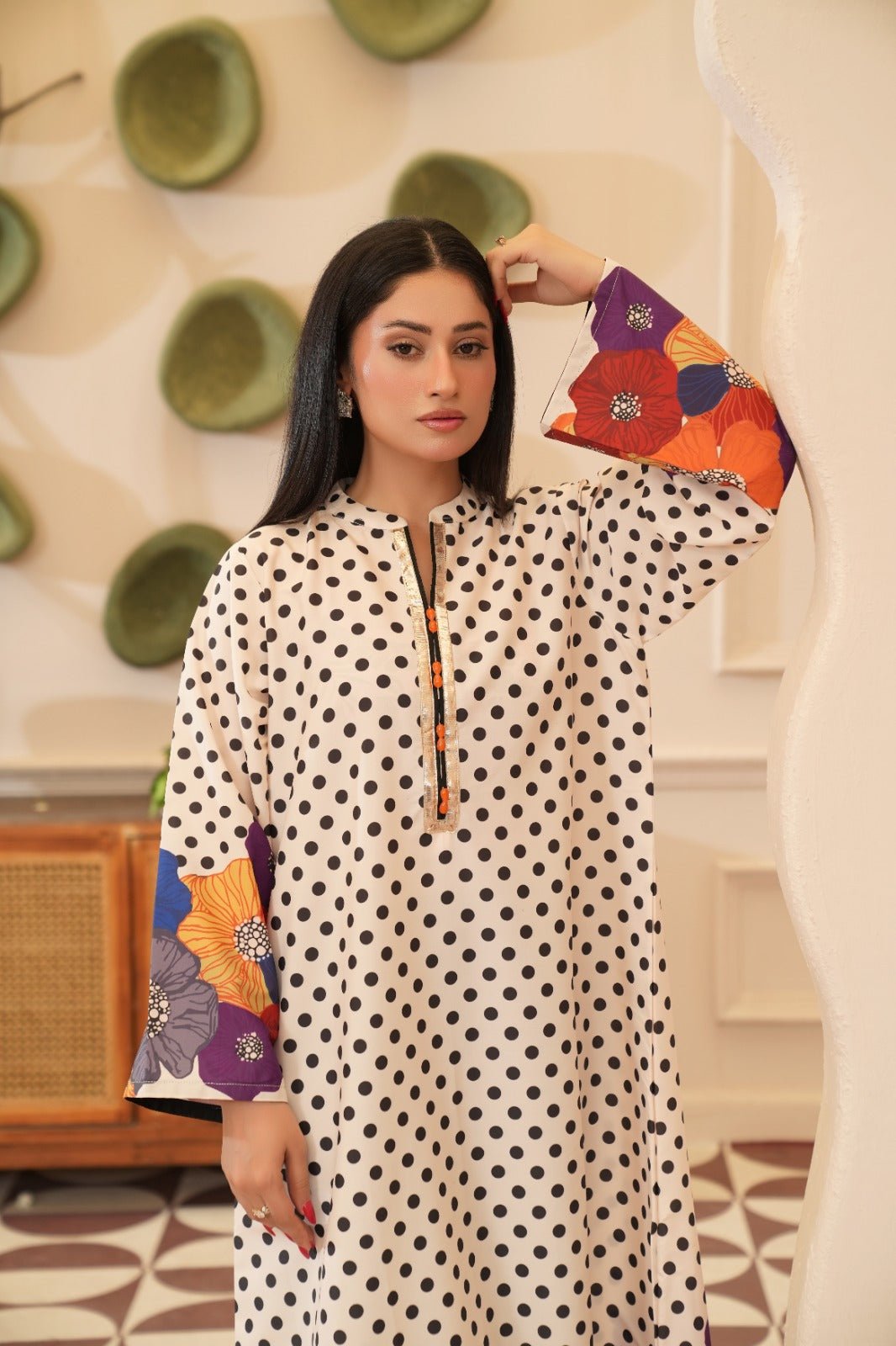 Saba — Cream Polka Dot Floral Crepe Grip Kaftan - Mizaaz