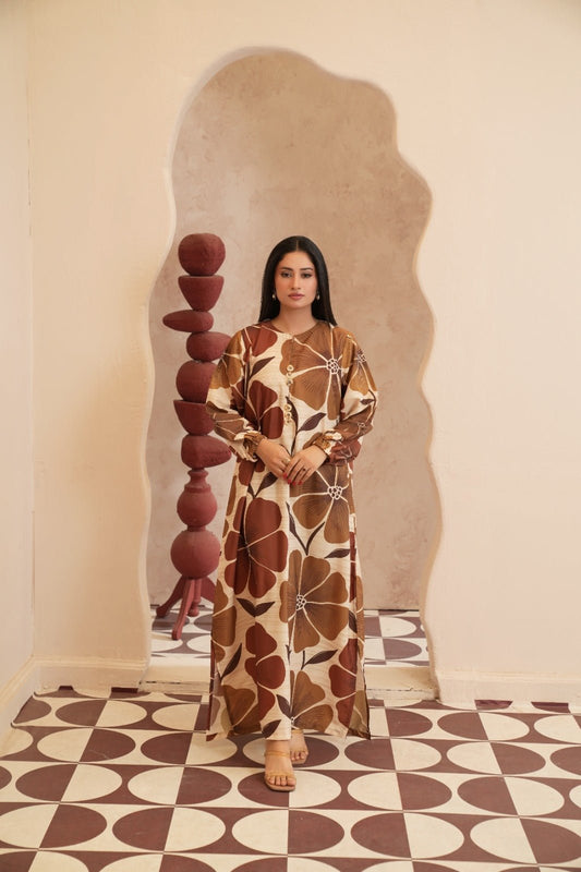 Samreen - Crepe Grip Floral Printed Kaftan - Brown - Mizaaz