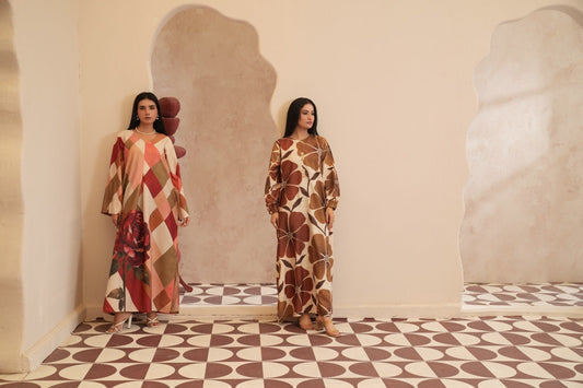 Samreen - Crepe Grip Floral Printed Kaftan - Brown - Mizaaz