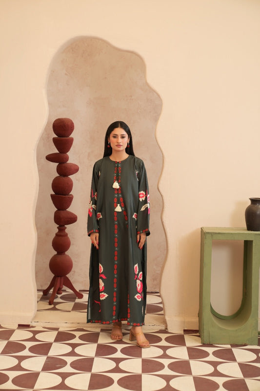 Zareen — Pine Green Floral Crepe Grip Kaftan - Mizaaz